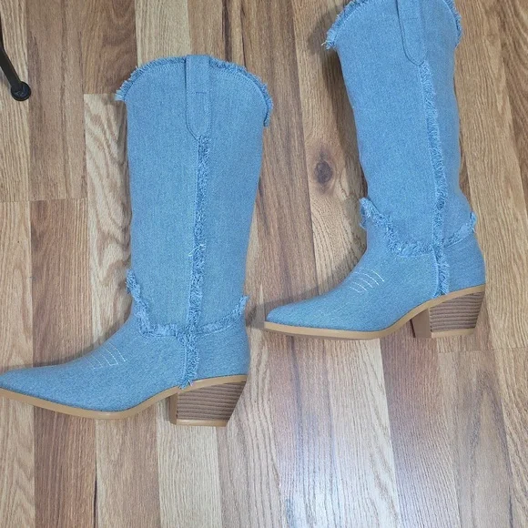 Frayed Denim Pullon Mid Calf Boots Womens 37 - Picture 7 of 7